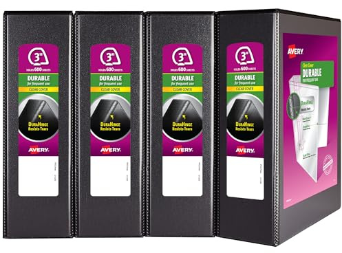 Avery Durable View 3 Ring Binder, 3 Inch Slant Rings, 4 Black Binders (17050)