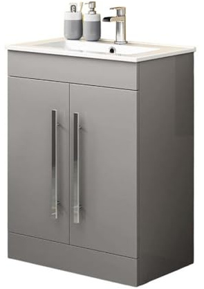 iBathUK Avon Vanity Unit with Basin, Slim Edge Ceramic Wash Basin for Bathroom Furniture, Storage Cabinet with 2 Doors- Gloss Light Grey (Flat Pack)