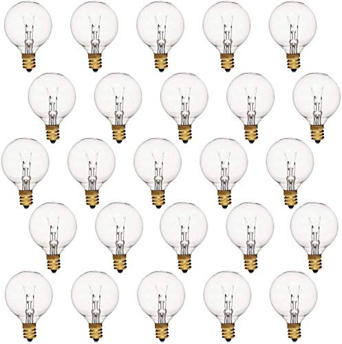 25 Pack G40 Incandescent Replacement Light Bulbs: 7 Watt G40 Globe Bulbs for Outdoor Chritsmas String Lights, C7/E12 Candelabra Screw Base Salt Lamp Night Lights Bulbs, Indoor/Outdoor Use, Warm White
