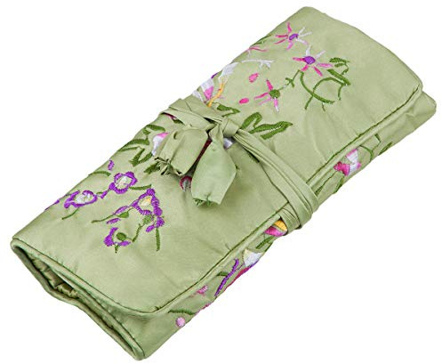 TUMBEELLUWA Embroidery Travel Jewelry Bag Roll Embroidered Flower and Bird Brocade Organizer with Tie Close, Light Green