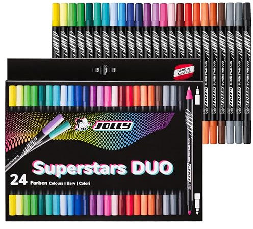 JOLLY Next Generation Superstars Duo Filzstifte, Hochwertige auswaschbare Fasermaler mit zwei Spitzen, Schreibspitze und dicke Spitze, Schwarzes Design, 24 Farben
