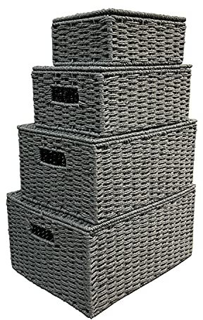 Arpan Set Of 4 Paper Rope Storage Hamper Basket With Lid - Including Xlarge,Large,Medium,Small (Grey)