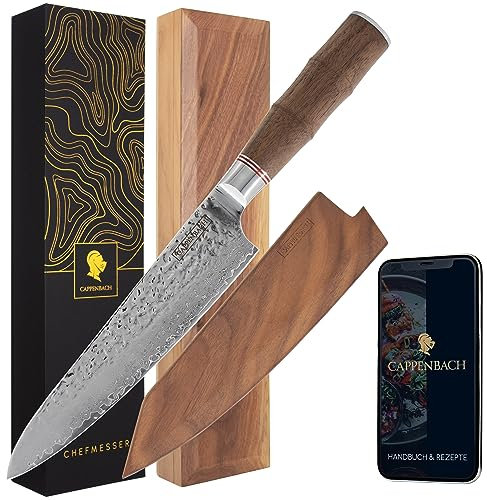 CAPPENBACH Damastmesser - handgefertigtes Küchenmesser mit 20 cm Hammerschlag- Klinge aus Damast-Stahl, ergonomischem Walnussholz-Griff in eleganter Edelholzkiste, Klingenschutz, Geschenkbox & E-Book