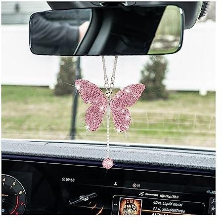 JNNJ Strass Ornements de Papillon pour Rétroviseur de Voiture, Charme en Cristal Suspendus de Rétroviseur, Décoration Pendentif Ornement Femmes Bling Accessoires pour Intérieur de Voiture(Rose)