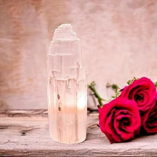 HEIMTEX Reiner Selenit-Kristall Natürliches Licht Bergturm Lampe Handgefertigte Lampe für natürliche Energie, Heilung, Klarheit und Meditation - Dekoration für Zuhause und Tischlampe (30cm)