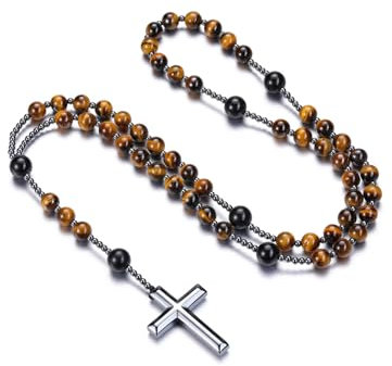 JOVIVI Katholische Rosenkranz Kette Tigerauge Obsidian Halskette mit Hämatit Kreuz Gebetskette Edelstein Schmuck Damen Herren