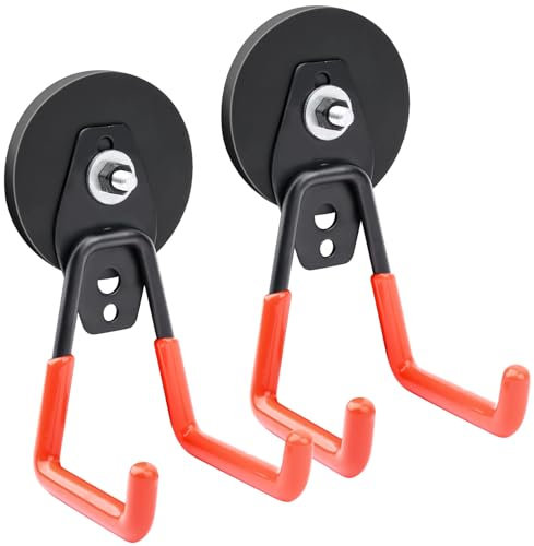 Keukenket Lot de 2 crochets magnétiques extra puissants de 66 mm - Double crochet magnétique avec revêtement antidérapant et vis de fixation - Aimants avec crochets pour jardin, garage, salle à outils