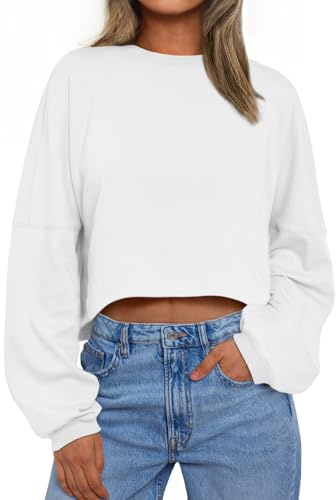 Trendy Queen Cropped Sweatshirts for Women Oversized Crewneck Sweaters Long Sleeve Tops Fall Winter Clothes 2026 White S