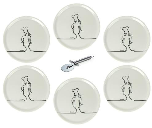 Lentz Pizzatallrik, Ø 31 cm av porslin med roligt matlagningsmotiv (set med 6 st med pizzaskärare)