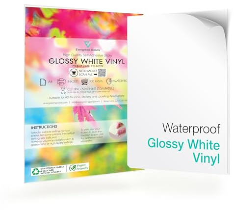 Evergreen Goods A4 White Self-Adhesive Vinyl Sticker Paper | 100 Sheets | Glossy Waterproof | Inkjet & Laser Printers | Printable Sticky Back | Customisable Label & Sticker Printing