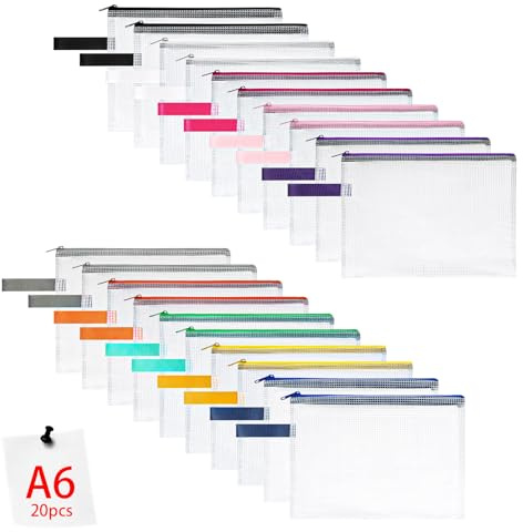 OFFCUP Dokumententaschen A6, 20 Stück A6 Dokumentenmappe mit Reißverschluss Datei Schule Büro, 6 Farbe Wasserdichte Mesh Kunststoff Dokumententasche für Papier, Dokumente, Kosmetika
