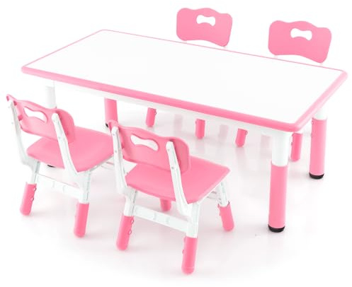 COSTWAY Barnbord med 4 stolar, barnstol grupp, justerbar höjd med graffitibordsskiva, barnbordsstolset, målbord, aktivitetsbord för pojkar, flickor från 18 månader (rosa)
