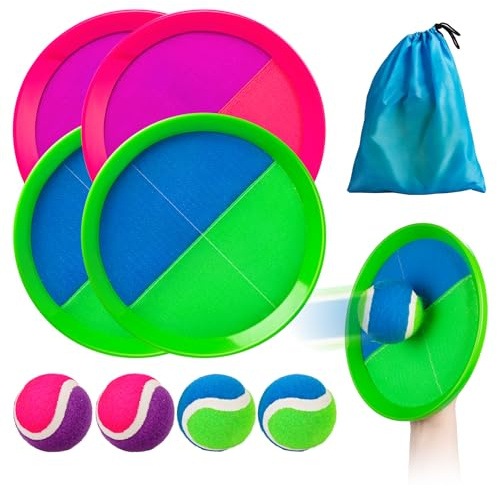 INPODAK Toss and Catch Ball Set,Garden Games for Kids 3-8 Years,Children Bat Balls Catcher Set,Outdoor Sand Beach Toys for Kids Age 8-12 Years old(4 Balls,4 Paddles)