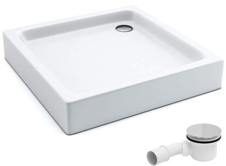 AQUABAD Duschwanne/Duschtasse | Komplettset Forta Plus mit LeakProtect Technologie Smooth White 70x70cm Quadrat | inkl. Ablaufgarnitur/Siphon Alcadran A49CR