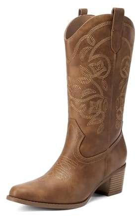 DREAM PAIRS Cowboy Boots for Women Cowgirl Western Boots Fashion Embroidery Stitched Chunky Heel Mid Calf Boots,Size 9,Tan,DWUMMB2504
