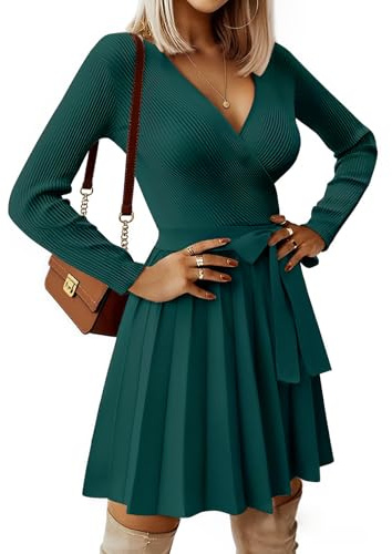 heekpek Robe Pull Femme Hiver Col en V Robes à Manche Longue Sexy Robe Femme Chic et Elegant Automne Elegante Tricot Plissée Jupe avec Ceintures, Vert foncé, XL
