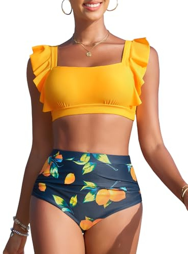 Vijamiy Costume Donna Due Pezzi Vita Alta Bikini Push-up con Scollo Quadrato Costumi da Bagno Piscina e da Spiaggia da Eleganti Dettagli con Volant(Stampa Gialla,XL)