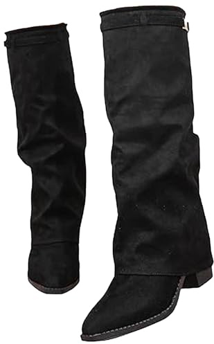 Stivali alti al ginocchio da donna in pelle slouchy Fold Over coscia stivali alti in pelle scamosciata stivali larghi in pelliccia di squalo stivali moda abito scarpe, Camoscio nero, 37 EU