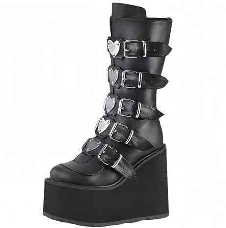 Jemnpela Botas de Combate para Mujer Plataforma Punk con Decoración Metálica Media Caña Caña Alta Suela de Cuña Zapatos de Motociclista para Festivales de Música Halloween y Cosplay