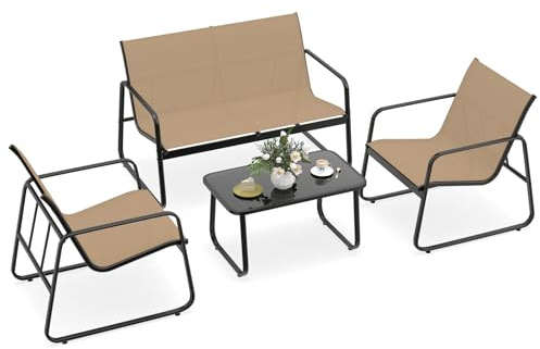 COSTWAY Set Tavolo e Sedie da Giardino 4 Pezzi, Tavolino in Vetro Portato 50 kg, Sedie Portata 150 kg, Panca Portata 300 kg, Set Bistro in Tessuto Textilene, per Cortile Terrazza Piscina (Marrone)