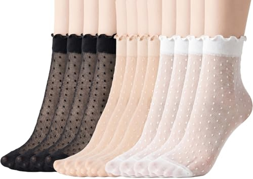 ASFWAGQ 12 par damnylonstrumpor prickar genomskinliga strumpor silkesfina med volanger fina strumpor transparenta sidenstrumpor för höga klackar sandaler sneakers