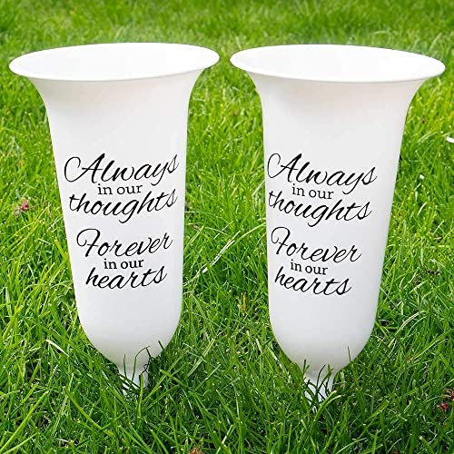 Set of 2 White Forever in Our Hearts Fluted Spiked Memorial Grave Flower Vases
