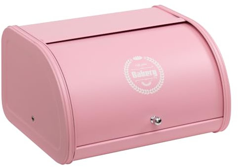HollyHOME Bread Bin with Stainless Steel Body Metal Bread Bins for Kitchen Bread Storage Containers with Roll Up Easy Storage Bread Box Holder Lid, Pink
