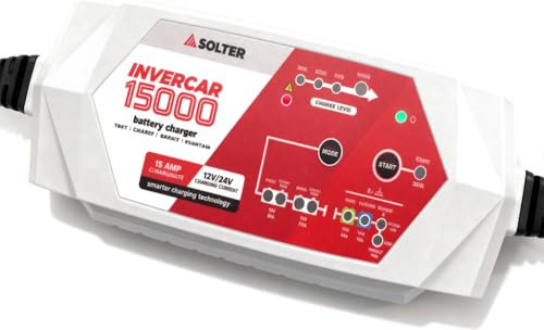 Solter INVERCAR 15000 – Cargador de Batería Profesional 12V/24V, 15A/7.5A, Uso en Coches, Camiones y Maquinaria, Tecnología Inteligente 8 Etapas, Modo Reparación, Protección IP54, Taller y Flotas