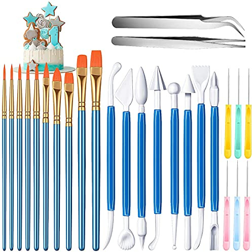 Set di 26 utensili per decorazione torte, strumenti per modellare, pennelli per decorazione biscotti, aghi per biscotti, aghi per pasta di zucchero, gomiti e pinzette dritte per decorazione torte