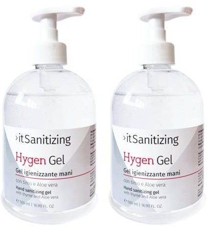 itStyle Hygen Gel Mani Disinfettante Igienizzante 1L,Antibatterico Sanificante Alcool 75% Elimina Virus Naturale con Aloe Vera e Timo Senza Risciacquo Profumato al Limon-2 Flaconi,500 ml,Trasparente