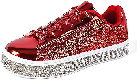 UUBARIS Women's Glitter Tennis Sneakers Neon Dressy Sparkly Sneakers Rhinestone Bling Wedding Bridal Shoes Shiny Sequin Shoes Red Size 7