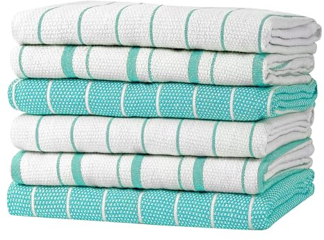 Zeppoli Classic Kitchen Towels - 6 Pack - 20 by 28 inches - 100% Natural Cotton Dish Reusable Cleaning Cloths - Super Absorbent - Machine Washable Hand Towels (Aqua)
