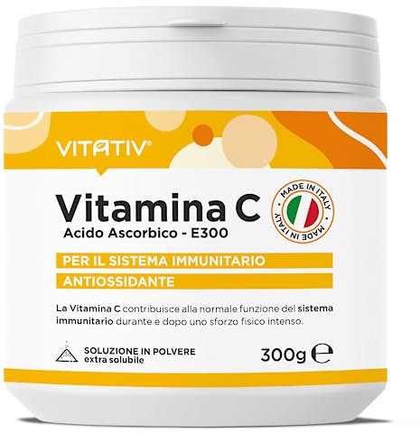 Vitamina C in Polvere Pura 300g | 1000mg per Dose | Acido Ascorbico Ultrafine | Supporto Sistema Immunitario e Stanchezza | 300 Dosi | VITATIV