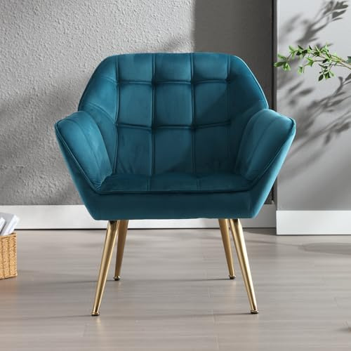 chairus Single Sofa Modern Armchair, Accent Chairs with Metal Legs, Blue | Soft Velvet Fabric, Quilted Backrest & Seat, Upholstered Cushion, Comfy Armrest, for Living Room, Bedroom