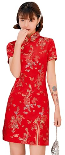 ZNLFS Robe Femme Cheongsam Manches Courtes Col Mandarin Ajustée Impression Florale Dragon Mini Qipao, Dragon rouge., 36