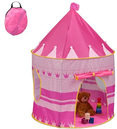 Relaxdays Spielzelt Prinzessin, für Kinder, Prinzessinnenschloss Indoor, HD 135x100 cm, Kinderzelt mit Stofftür, rosa