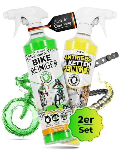 Qindoo Set Fahrradreiniger Spray und Kettenreiniger Antriebsreiniger Schaum komplette Fahrradreinigung, Lastenrad, Anhänger, 2x 500ml Spray
