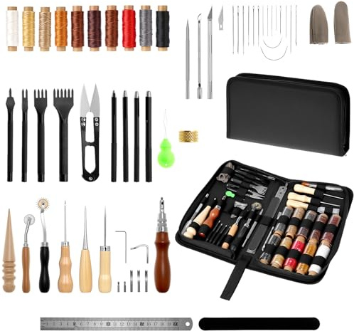 QWORK® 52 Piezas Juego de Costura de Cuero, Herramientas Con 10 Colores Hilo Encerado, Perforador, Agujas y Más Para Trabajar el Cuero