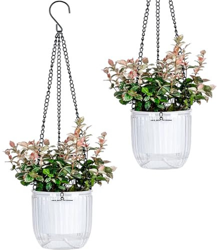 Josteve 4.5 Inch 2 Pcs Self Watering Hanging Planter Indoor Plant Pots with Drainage Holes, Outdoor Small Hanging Planters Flower Pot Basket, Visible Water Level, Plant Hanger Home Decor, Gardening