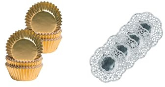 Demmler Pralinenkapsel - Pralinenförmchen - Gold 2er Set - 150 Stück - Maße: 2,6 x 1,6 cm - inklusiv 4 silberne Tassendeckchen - Made in Germany