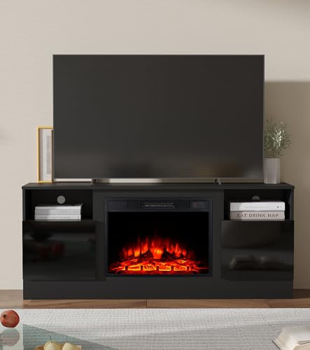 M.C.Haus Electric Fireplace with TV Stand 147.3cm, 23” Fireplace Insert, Highlight Door Cabinet, Media Entertainment Center with 2 Open Shelves, Long Table for Living Room, Black