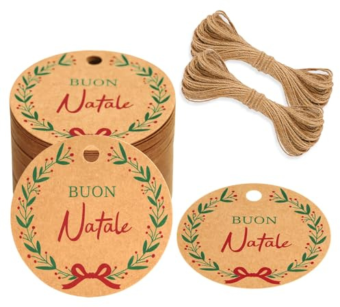 G2PLUS 100PCS Buon Natale Etichette Regalo Kraft 5X5CM Rotonde Con Spago per Confezione Regalo di Natale - Marrone
