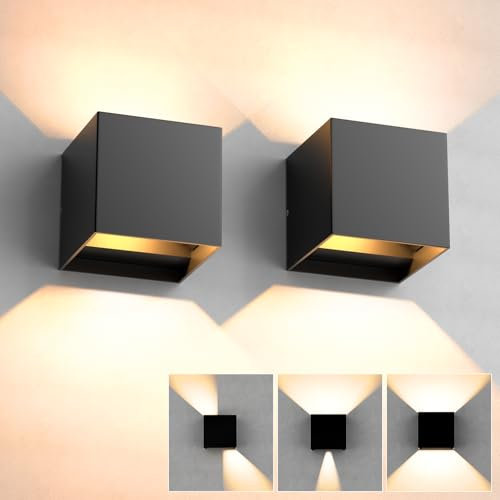 2 Stücke LED Wandleuchte Innen, Wandleuchte Aussen Warmweiß 3000K 12W Wandlampe Innen Einstellbar Abstrahlwinkel Aussenleuchten Hauswand IP65 Wasserdichte Schwarz