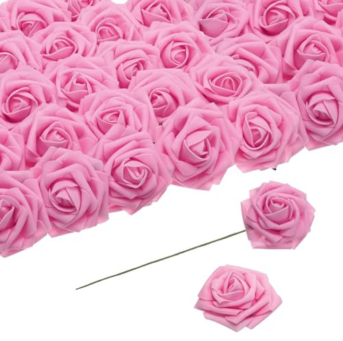 QUARKZMAN 25pz Rose Schiuma Fiori Artificiali, Rose Finte con Steli Schiuma Effetto Reale per Matrimoni Feste Ufficio Casa Decorazione, Rosa Intenso