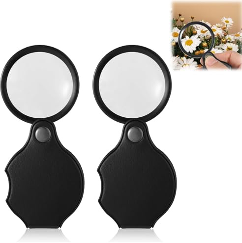Lupa de bolsillo de 2 piezas, lupa pequeña, llavero de lupa, lupa de bolsillo de 10 aumentos, lupa de lectura plegable, pequeña lupa, pequeño cristal óptico con funda protectora de cuero para leer