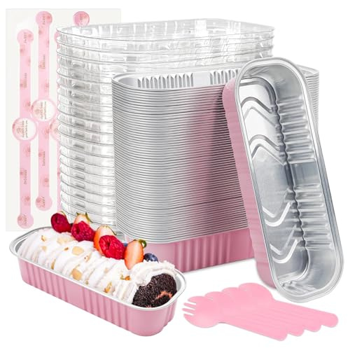 Hikrxya 60 Pack Mini Loaf Baking Pans with Lids and Spoons - 200ml Reusable Rectangular Aluminum Foil Baking Pans with Sealing Sticker for Dessert Bread Wedding Picnic Birthday Party - Pink