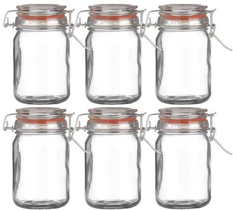 WDMT Set di 6 barattoli per conserve – 250 ml – ermetici con chiusura a gancio – Ø 6,5 x 11,5 cm – Barattoli in vetro – Trasparente