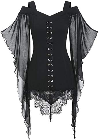 Costume d'Halloween Cosplay Taille T-shirt Hauts Femmes Dentelle Manches Criss Insert Gothique Plus Chemisier Femme, Noir , M
