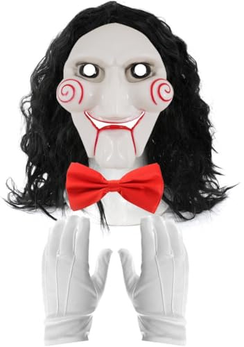 Skrämmande docka mask, svart peruk, vita handskar och fluga – pusselspel skräckfilm halloweenoutfit för läskig maskeradklänning, fest och cosplay