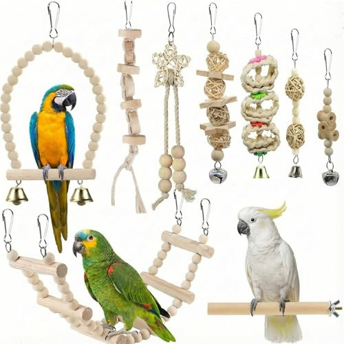 Gykutix 9 Pièces Jouets pour Oiseaux, Jouet Perroquet et Jouet Oiseau d'Activité avec Balançoire, Échelle, Cloche et Accessoires, pour Inséparables, Pinsons et Calopsittes, Jouet Perruches